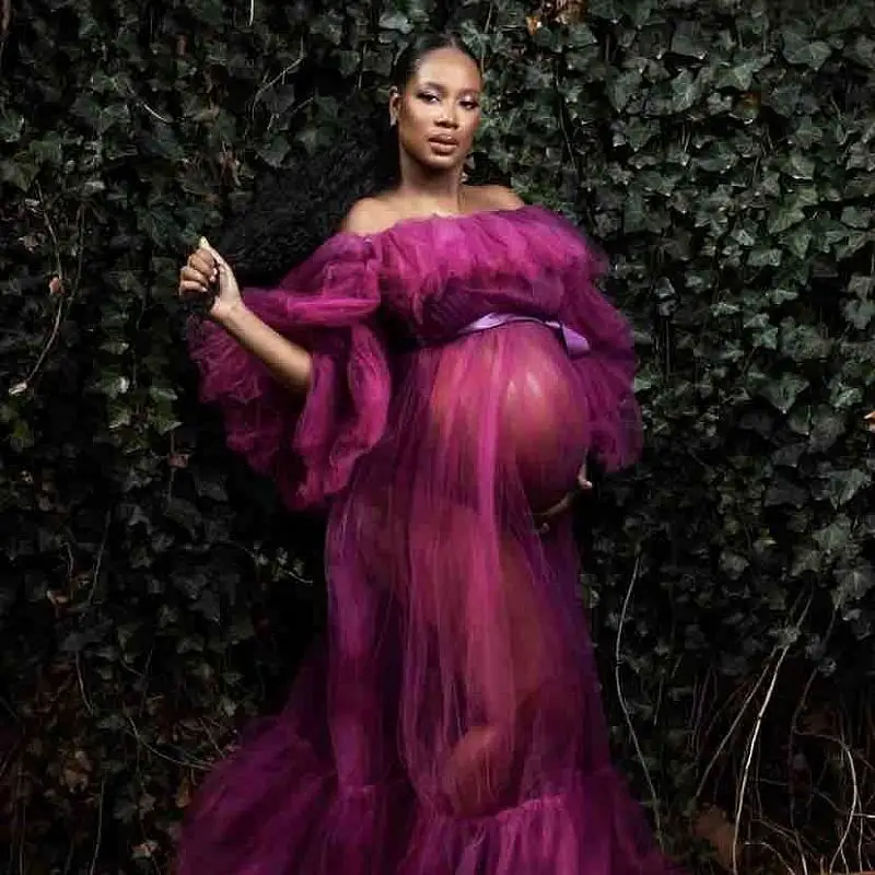 Purple Pregnant Women Party Dress Off Shoulder Tulle Ruffles Plus Size Prom Dress See Through Sexy Maternity Photoshoot Gowns