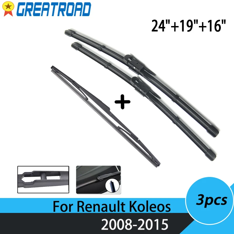 Escobillas de limpiaparabrisas para Renault Koleos 2008 2009 2010 2011 2012 2013 2014 2015 ventana trasera delantera 24 "19" 16"