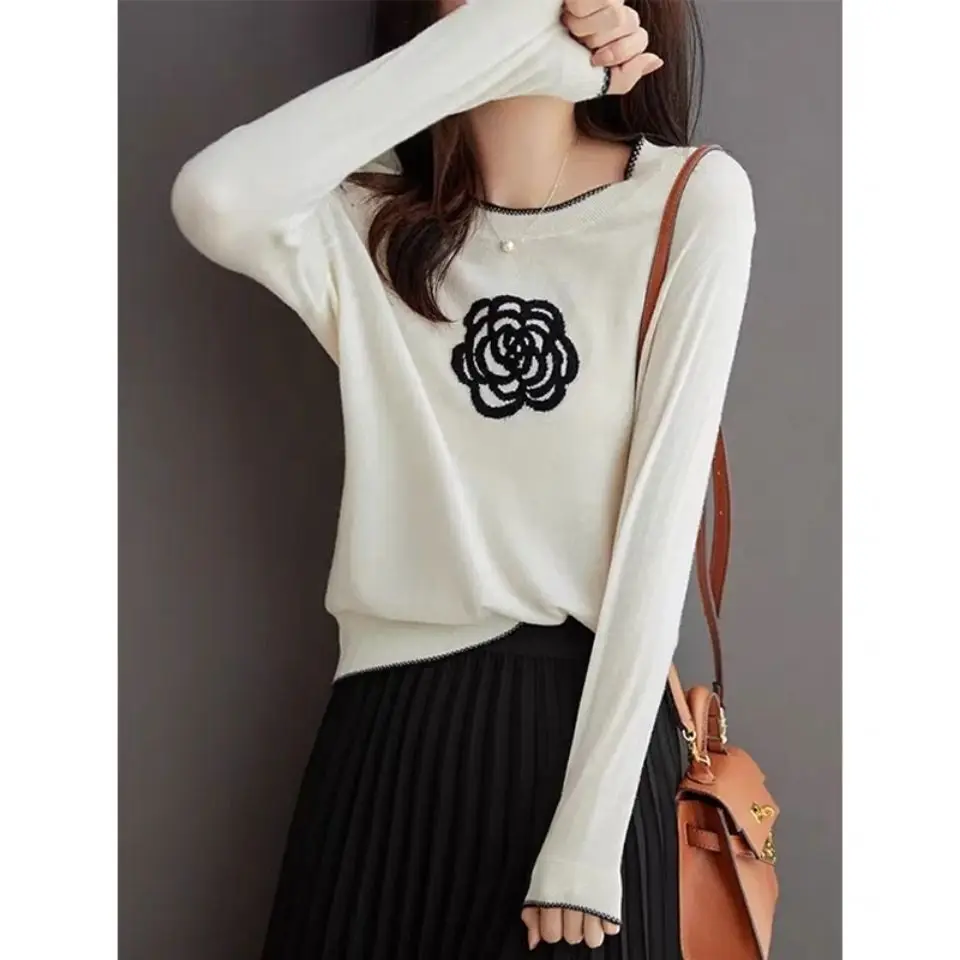 Ladies Knitted Sweater Women Pullovers Embroidery Floral Knit Elasticity Autumn Woman Sweater Girl Soft Slim Fit Knitwear Female