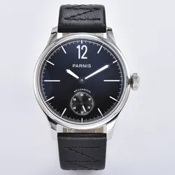 New 2020 PARNIS 44mm ST3620 movement Hand-winding Men's Wristwatch black dial pin clasp leather strap Men's clock