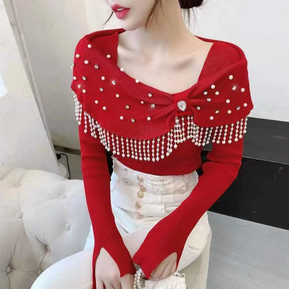 2022 New Korean Drill Beaded Sweater Women\'s Autumn winter French design sense fringed sweet long-sleeved bottoming top