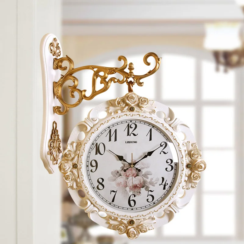 TUDA Living room Corridor European-style Double-sided Silent Wall clock Bedroom Porch Pastoral Simple Flower Decoration Clock