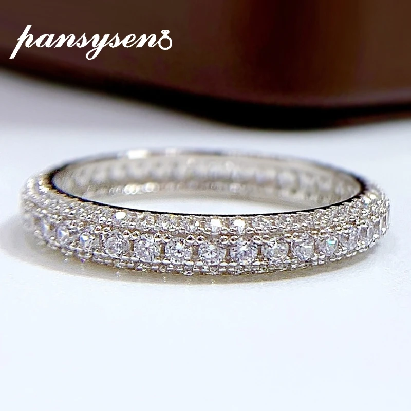 PANSYSEN New Classic 100% 925 Sterling Silver Full Circle High Carbon Diamond Finger Rings for Women Wedding Party Fine Jewelry