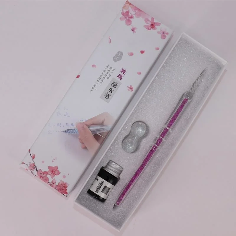 Glass Dip Pen And Ink Set New Hollow Rhinestone Fountain Pens Color Ink Creative Glass Pencil And Blue Dip Pencils Gift Box