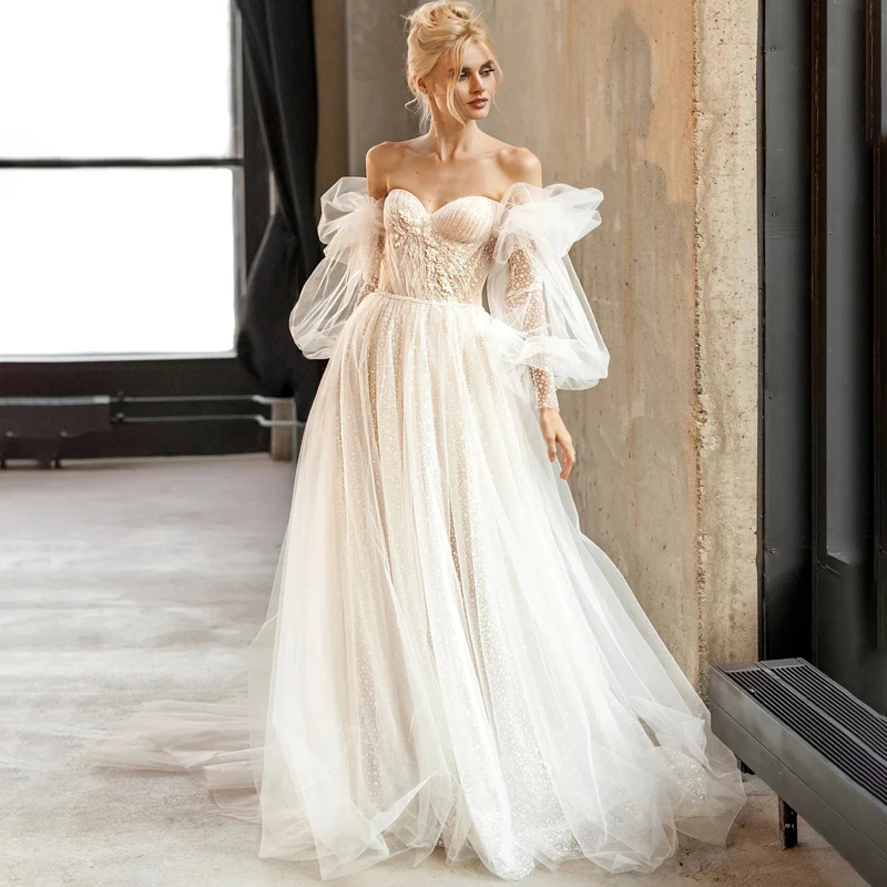 

Sweetheart Detachable Puff Sleeve Appliques Pleats Glitter Tulle Wedding Dress A-Line Backless Bridal Gowns