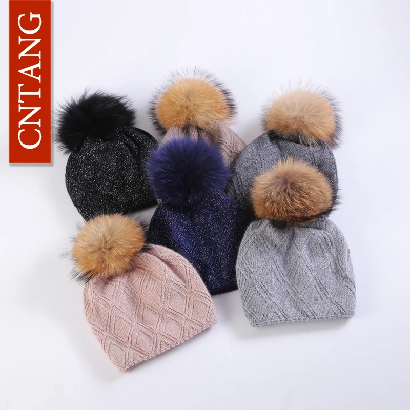 Multiple Styles Fashion Warm Hat Women Winter Beanies Natural Raccoon Fur Pompom Cap Wool Knitted Hats Women High Quality