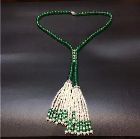 Super beautiful natural 8mm green jade freshwater pearl tassel necklace