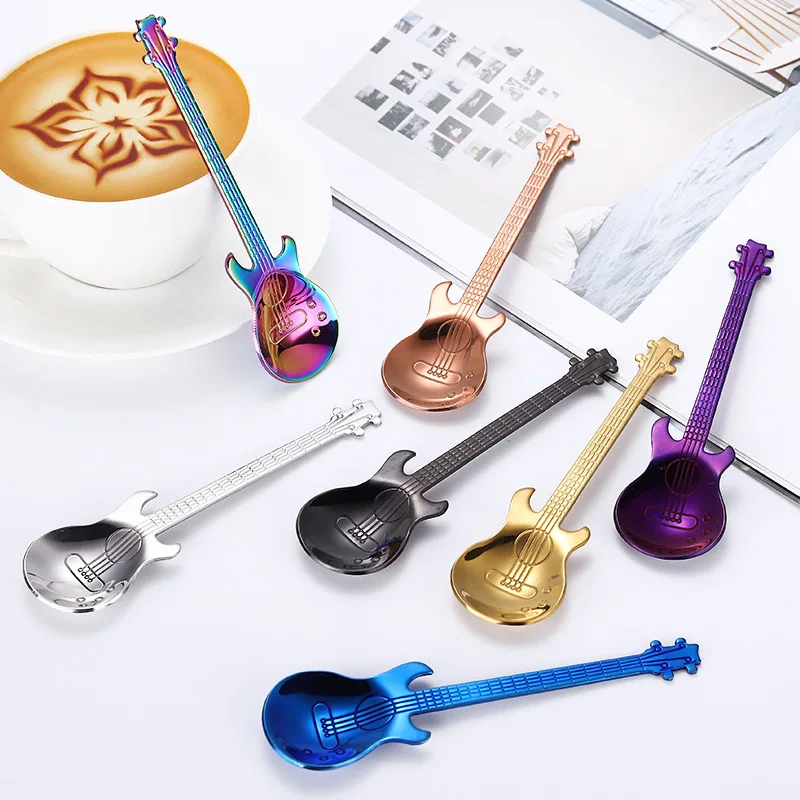 1/3/5/10pcs Stainless Steel Guitar Shaped Love Coffee Spoon Teaspoon Children Spoon 7 Colors Coffee Tea Use Kitchen Spoon