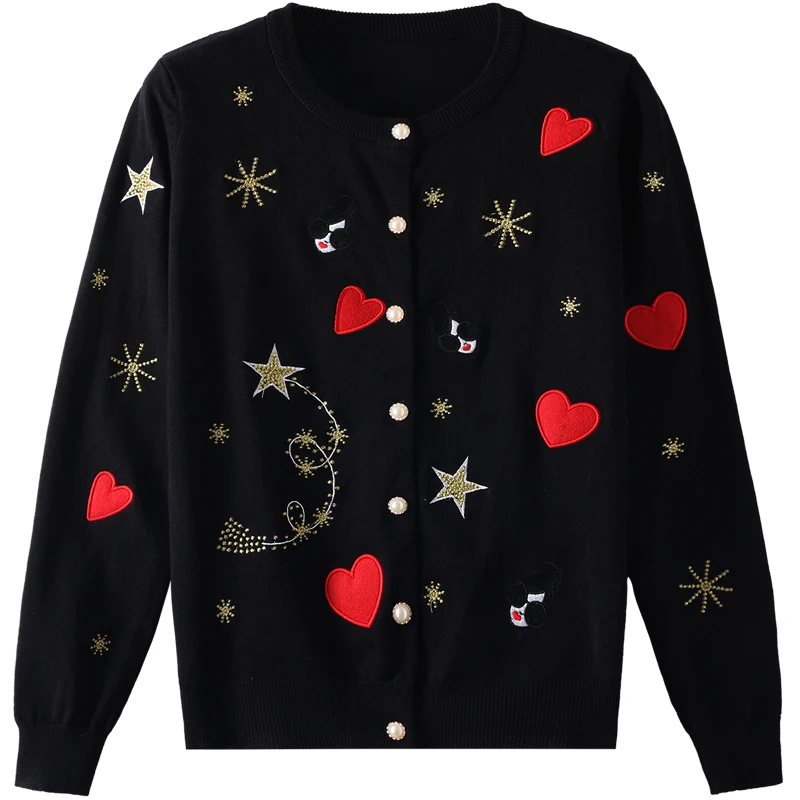 Spring Women's Embroidered Sweater Cute Star Embroidered Pearl Button Knit Cardigan New in 2024