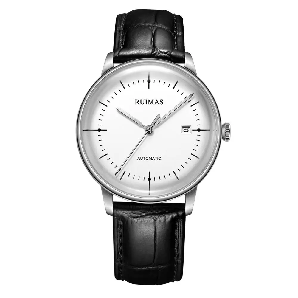 

Ruimas Men Automatic Business Wrist Watches Thin Case Japan Miyota Mechanical Movement Calendar Waterproof Relogio Masculino