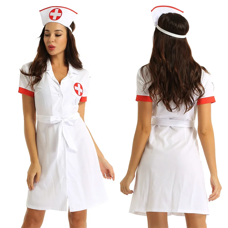 Halloween Women Nurse Fancy Dress Costume Lapel Collar Nurse Uniform with Belt Hat for Party Shows Cosplay Outfit Night Clubwear