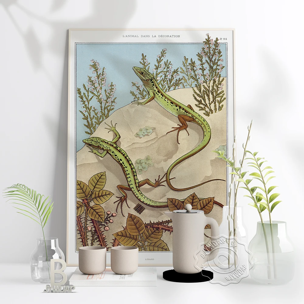 Two Green Geckos Desert Poster, Modern Art Handmade Cute Reptile Gecko Picture, Cartoon Animal Wall Art Home Kids Room Decor