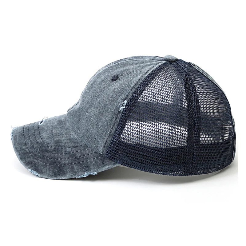 Women Summer Ponytail Baseball Cap Cottony Denim Patchwork Mesh Broken Sunhat Outdoor Sports Vintage Snapback Golf Baseball Hat