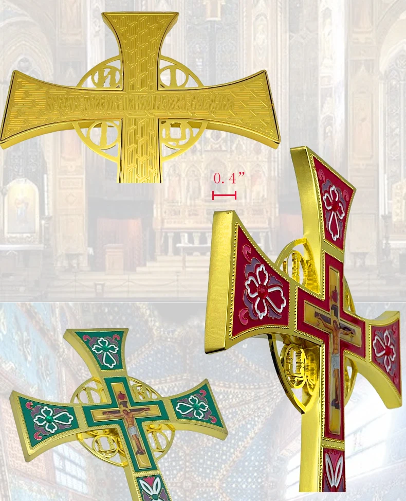 Neues Orthodoxes Emaille-Segenskreuz aus Goldmetall, Handkreuz für Kirchenrituale, religiöse Altar-Gebetsdekoration, Geschenk – Detail 4