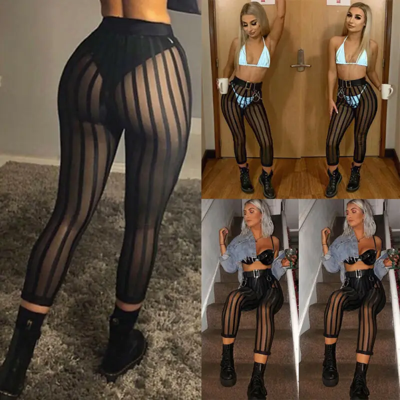 Hot Sexy Mesh Striped Leggings Women Striped Mesh Perspective Pants Knee Length Slim Trousers Club Wear