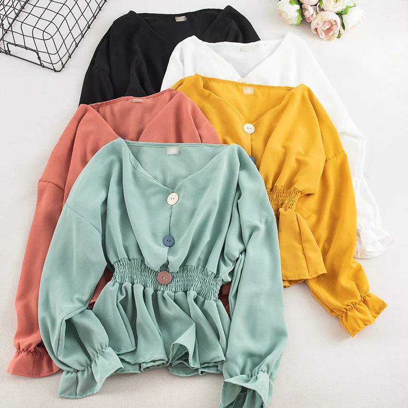 Elegant Women Summer V-Neck Flare Sleeve Pleated Basic Ruffles Shirt Vintage Elastic Slim High Waist Cardigan Button Blouse Tops