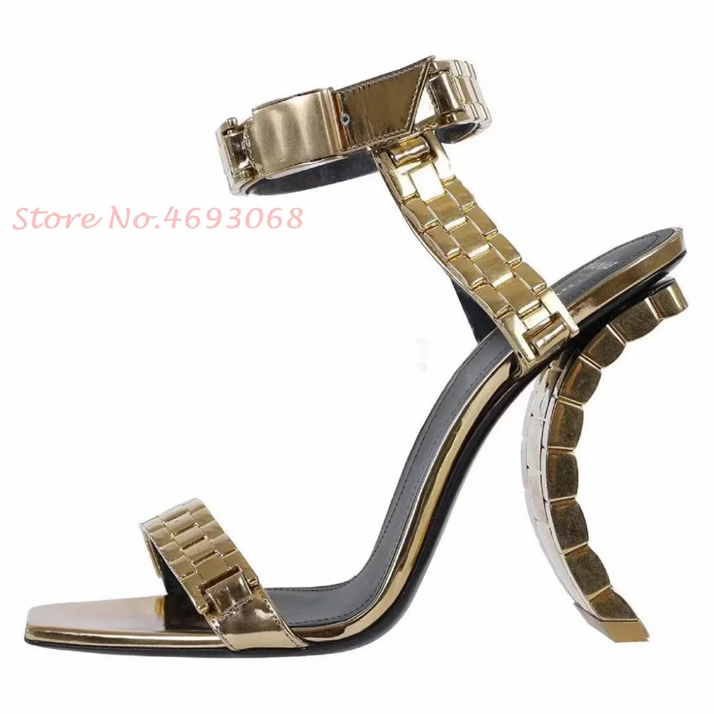 Strange Style Sandals Women Casual Gold Metal Watch Luxury Brand Sandal Ankle Wrap Fashion Peep Toe Party High Heels Women Shoes