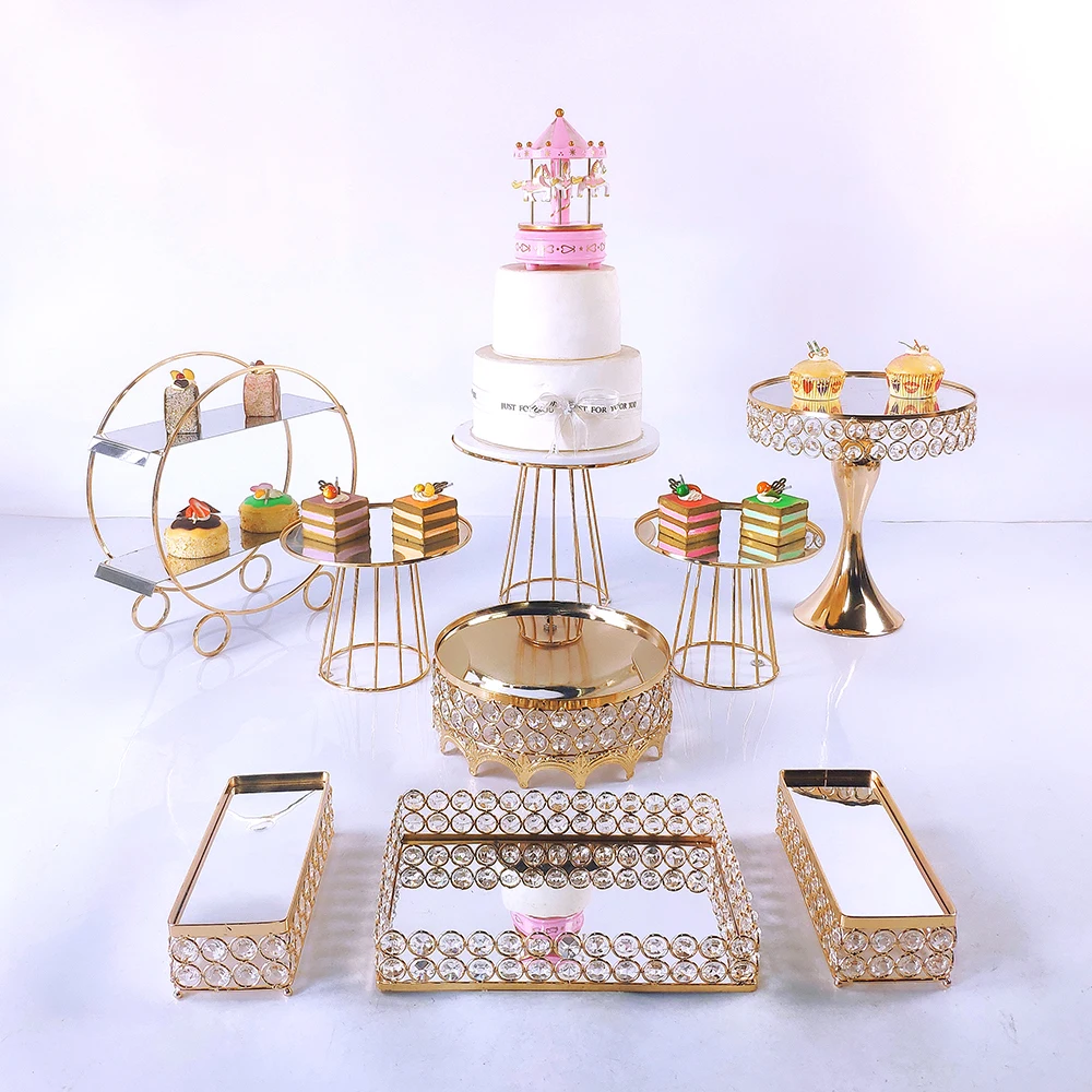 

new arrive 9pcs gold mirror cupcake stand crystal metal creative home large fruit plate fruit basket home set cake tool