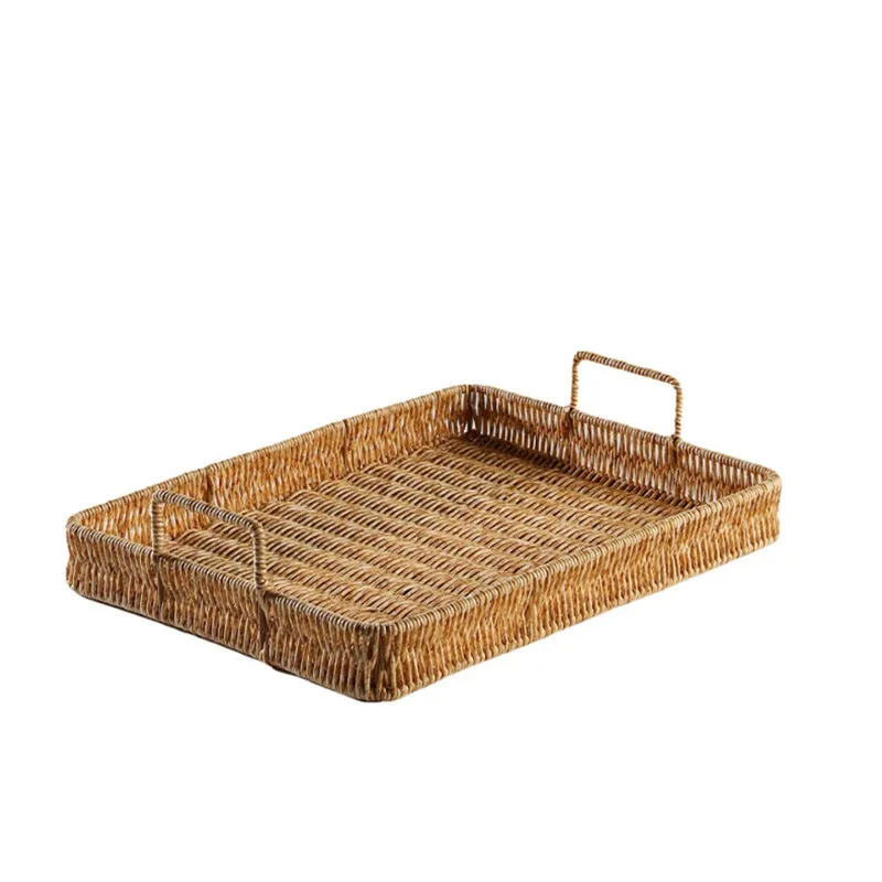 Plastic Storage Tray With Handle Imitation Rattan Weaving Basket Sundries Plate Fruit Platter Tea Tray Dinner Serving Tray