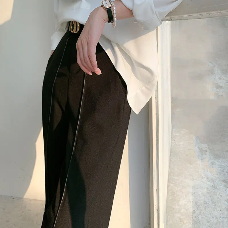 Spring Autumn High Waist Wide Leg Pants For Women Office Wear Elegant Loose Suit Pants High Street Ladies Straight Trousers