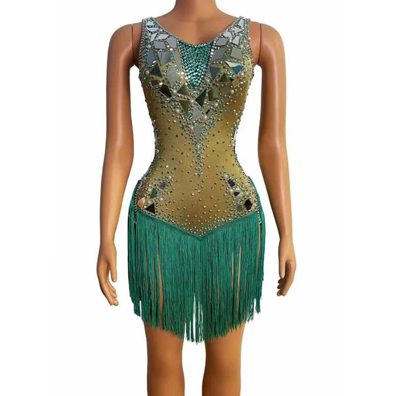 

Women Green Fringes Rhinestones Mirrors Dress Birthday Celebrate Stretch Spandex Tassel Dance Bodysuit Singer Latin Dance Dress