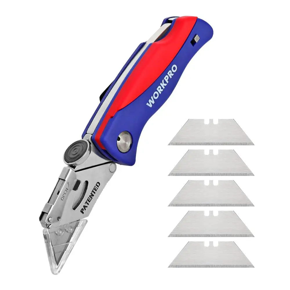 WORKPRO Folding Knife Electrician Utility Knife for Pipe Cable Cutter Knives with 5 pcs Blades in Handle