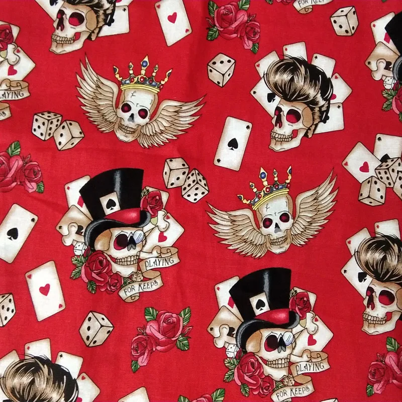 25x23cm 4pcs Quality Halloween Black Red Poker Flower Skull Printed Cotton Fabric Bundle DIY Sewing Patchwork Decoration