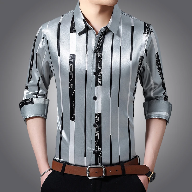 

Male Silk Clothes Spring Long Sleeve Striped Silk Shirts Mens Caual Dress Shirts