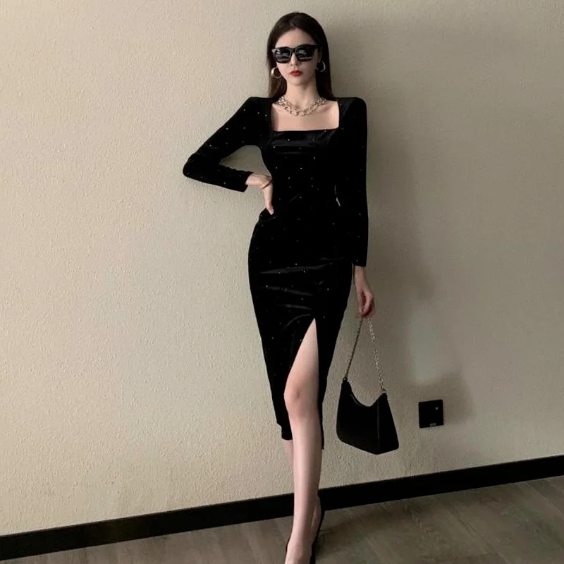 Black Velvet Long Dress Women Elegant Vintage Square Collar Long Sleeve Dress Korean Sexy Casual Evening Party Dress 2021 Autumn