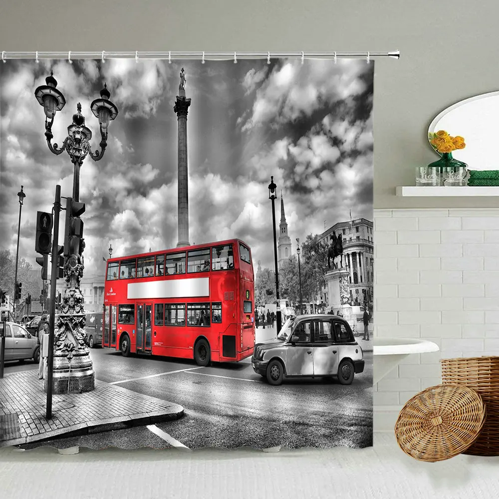 London Red Telephone Booth Car Shower Curtain Set Retro Black And White Urban Waterproof Screen Bathroom Bathtub Art Decoration