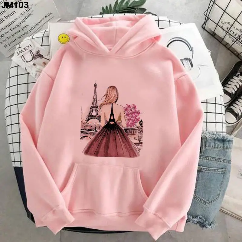 

Harajuku Sweatshirts Woman Warm Gothic Streetwear Punk Women's Hoody Fashion Girl Paris Eiffel Tower Print Long-sleeved Pullover