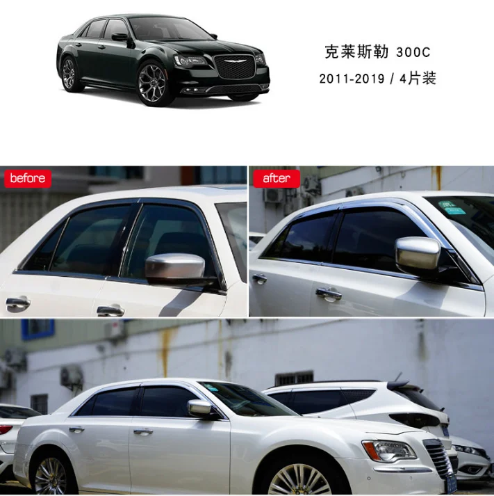 Chrome Door Rain Visor Side Window Deflector Shade Sun Wind Shield Silver Trips Eaves for Chrysler 300c