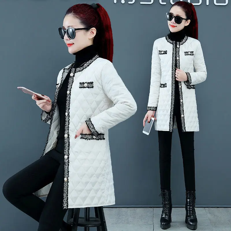 

Creamy White O- Neck Warm Padded Coat Women 2024 Winter New Light And Thin Mid-Long Women's Padded Jacket Small Fragrant Wind