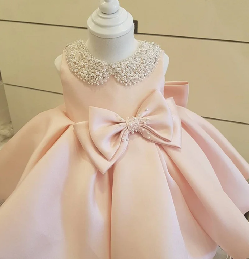 Baby Girl Princess Dress Pearl Collar Infant Toddler Girl Vintage Vestido Bow Costume Party Birthday Ball Gown Baby Clothes 1-7Y