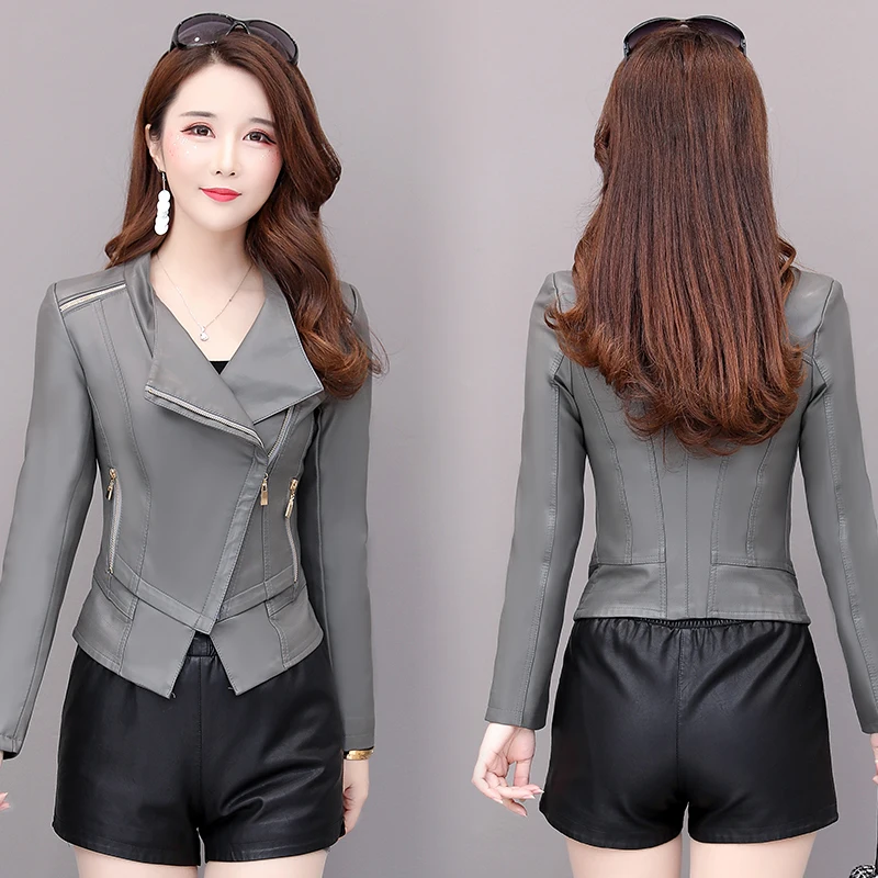 New Autumn Women Pu Leather Jacket Woman Zipper Short Coat Female Black Punk Bomber Faux Leather Outwear spring Blazer tops gray