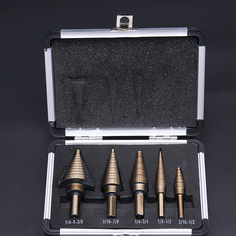 

5Pcs cascade drill triangle handle high-speed steel-aluminium box-mounted woodworking opener set 1/2 1/4 3/4 1/8 3/8 7/8 3/16