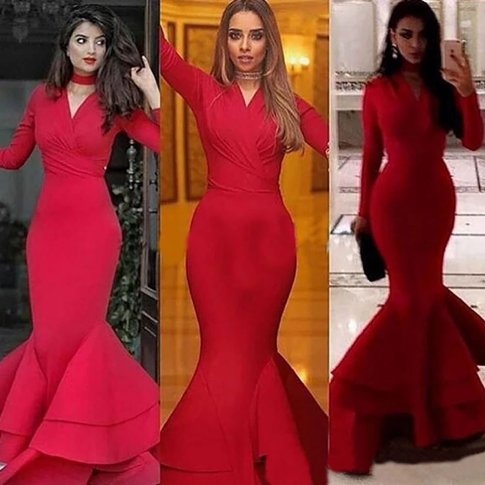 

Prom Party Gown Floor-Length Custom Plus Size Mermaid Trumpet V-Neck Long Sleeve Satin Evening Dresses