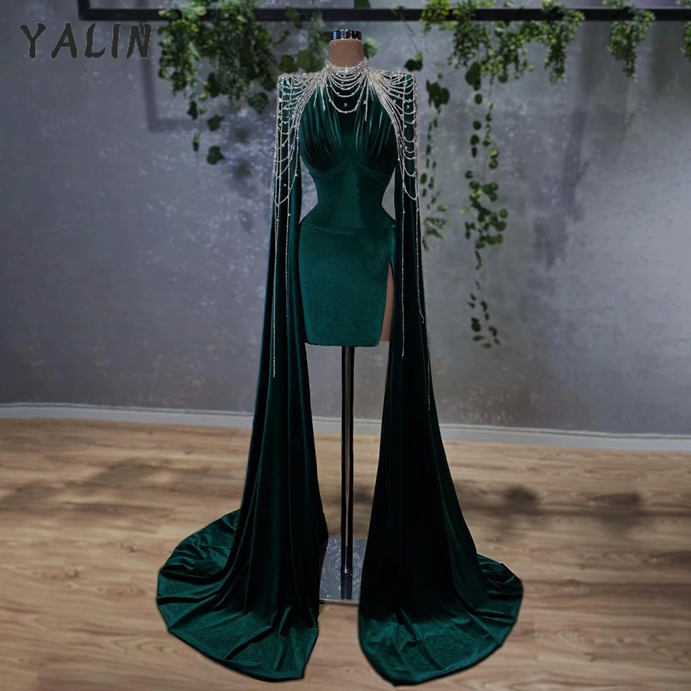 Customized Velvet Luxury Prom Dresses High Neck With Wrap Crystals Short Mini Length Women  Dark Green Evening vestidos de fiest