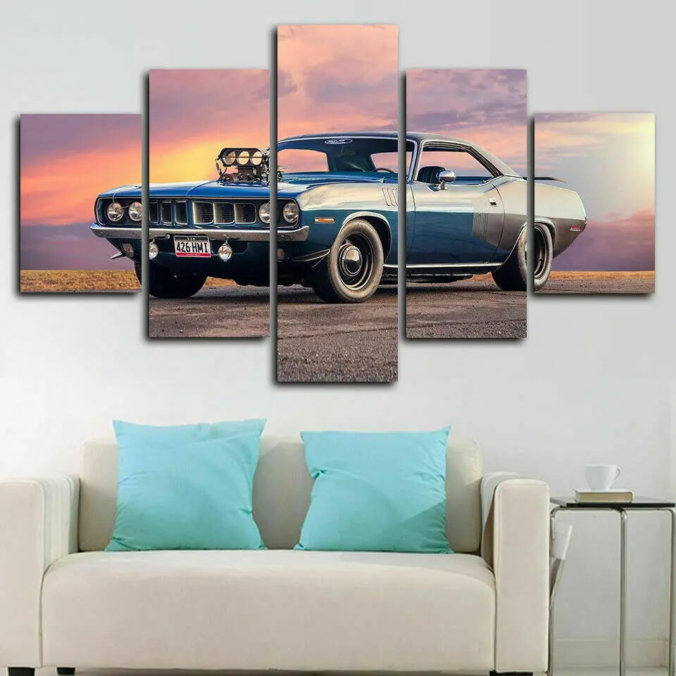 No Framed 5 Pieces Plymouth Barracuda Muscle Car HD Print Wall Art Canvas Posters Pictures Paintings Home Decor for Living Room