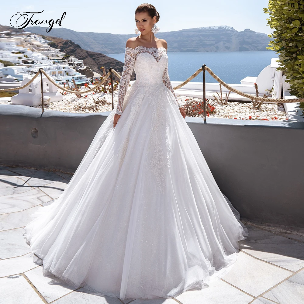 Traugel Boat Neck A Line Lace Wedding Dresses Delicate Applique Long Sleeve Button Bride Dress Court Train Bridal Gown