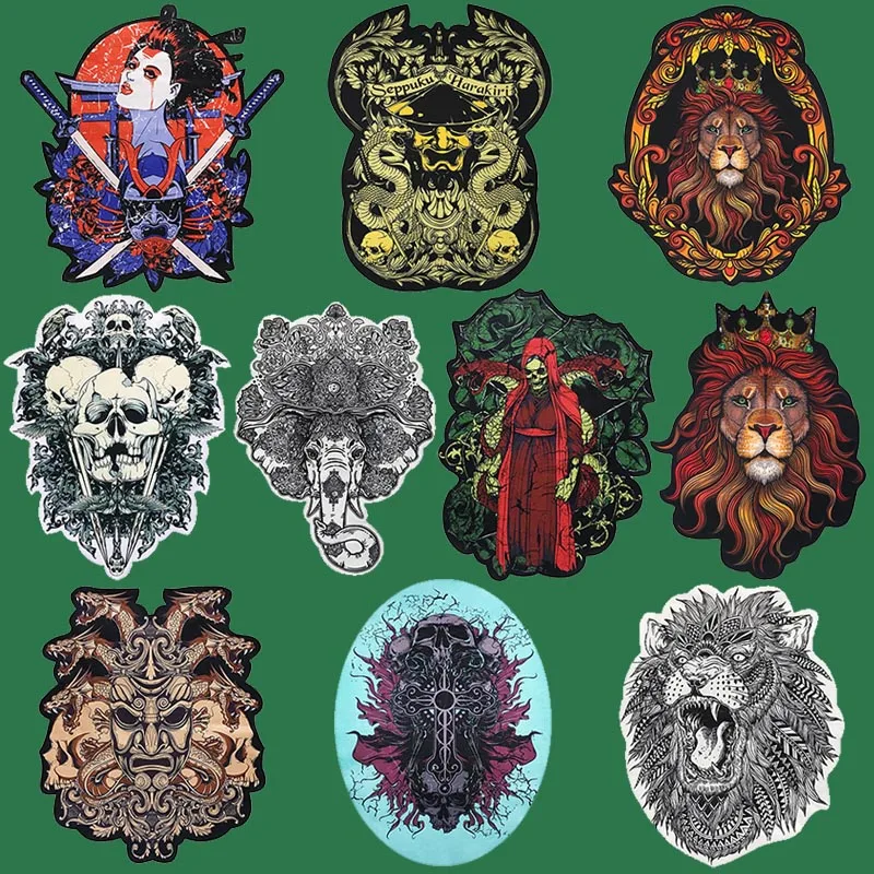 5 Pcs Fashion Cool Big Printing Lion Skeleton Tiger  Samurai Applique Badge Punk Style Jacket Clothes Patches Stripe