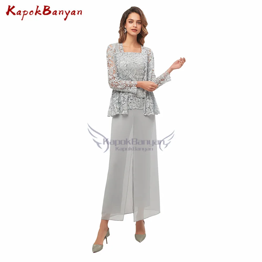 Pants Suit Summer Chiffon Mother of the Bride Dress  Long Sleeves Lace Shawl Mother Dress