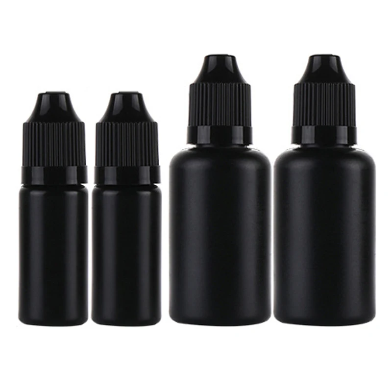 Bottiglie riutilizzabili in LDPE nero da 100 pezzi 10 ml 30 ml con tappo a prova di bambino e punte lunghe e sottili