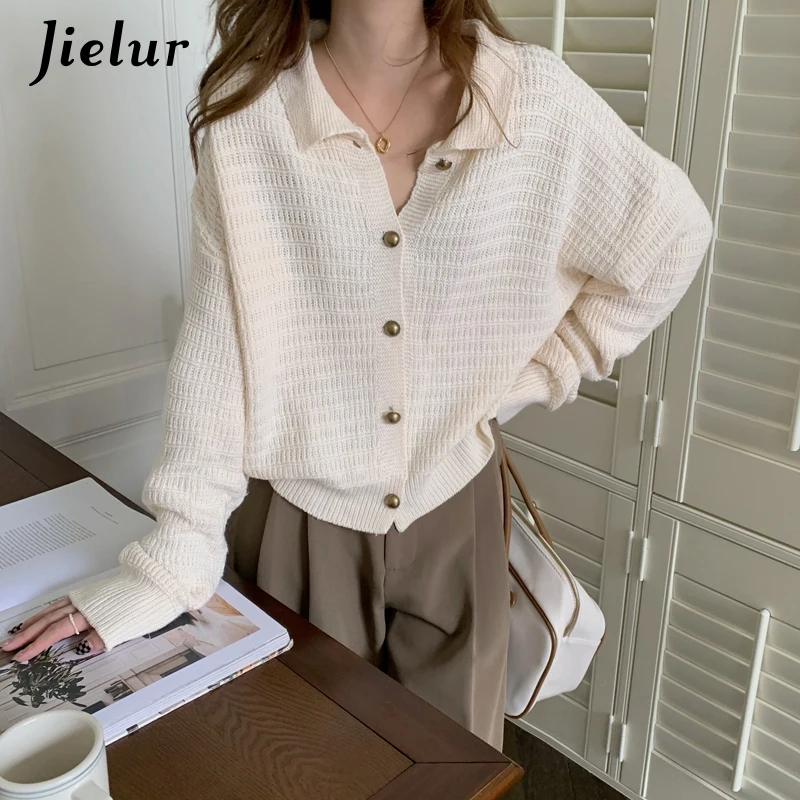 Jielur New Style Knitted Cardigan Female Loose Long Sleeve Women Sweater Jacket Single-breasted Navy Blue Apricot Sweaters