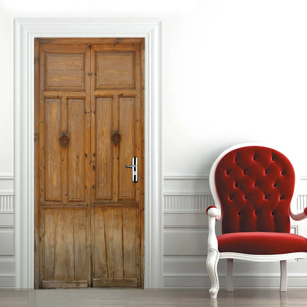 Self-Adhesive Retro Wooden Door Refurbish Sticker DIY Custom Door Sticker Home Decoration Wallpaper Deurstickers Removable Mural