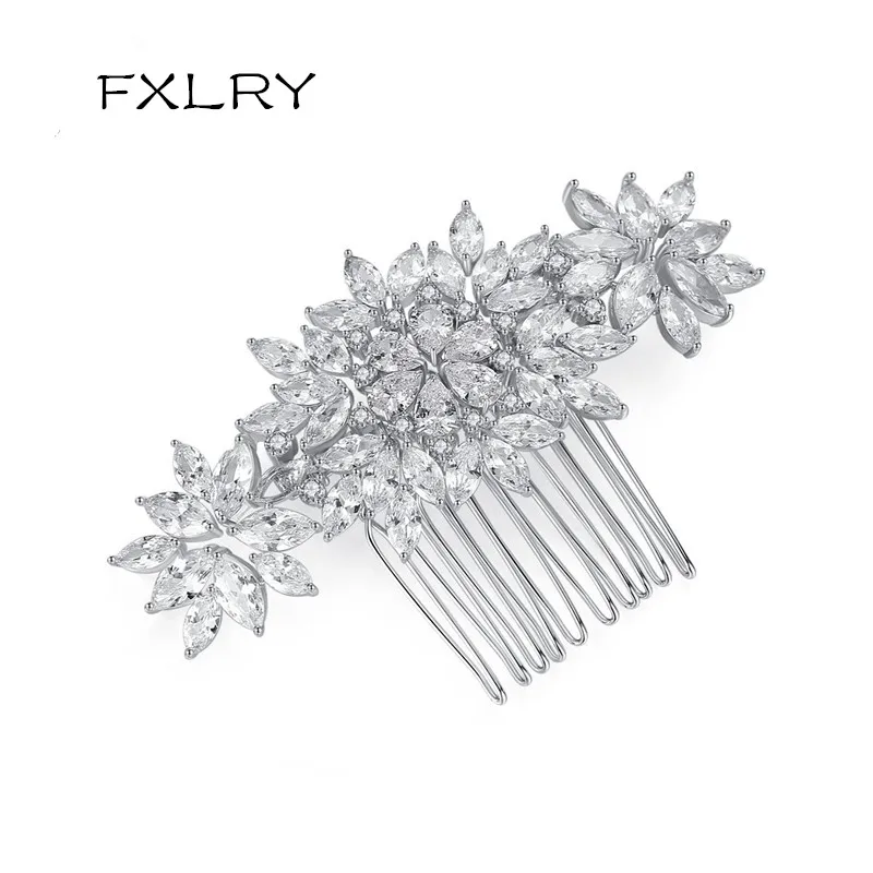 

FXLRY Top Quality White Cubic Zircon Flower Comb Hair Tiara for Women Brides Wedding Fashion Jewelry