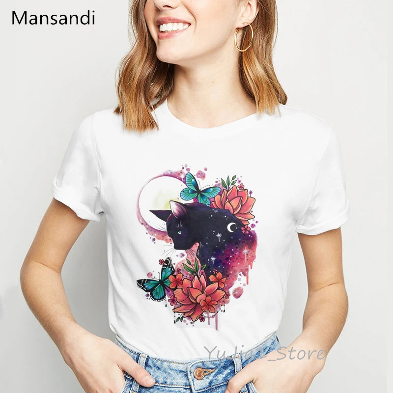 

Black Sphynx Cat Butterflies Flowers Deer T Shirt Women Summer Top Female Animal Print Tee Shirt Femme Camiseta Mujer T-Shirt