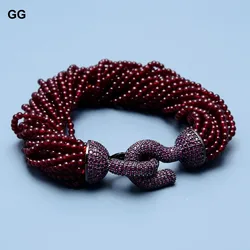 GuaiGuai Jewelry 20 Rows Natural Round Real Gems Garnet Beads Bracelet Gunmetal Color Plated Purple CZ Pave Clasp 8.5'' For Wome