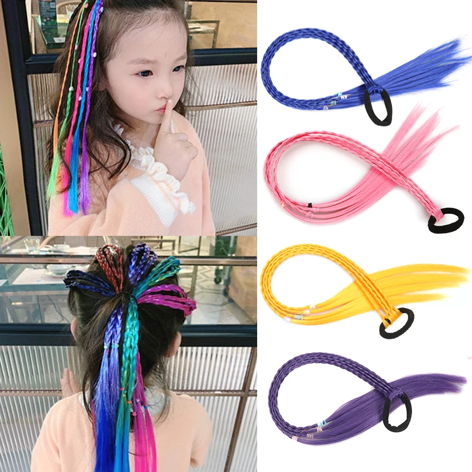 2pc Synthetic Elastic Hair Band Rubber Band Hair Accessories Colorful Kids Wig Headband Girls Twist Braid Headdress Child Gift