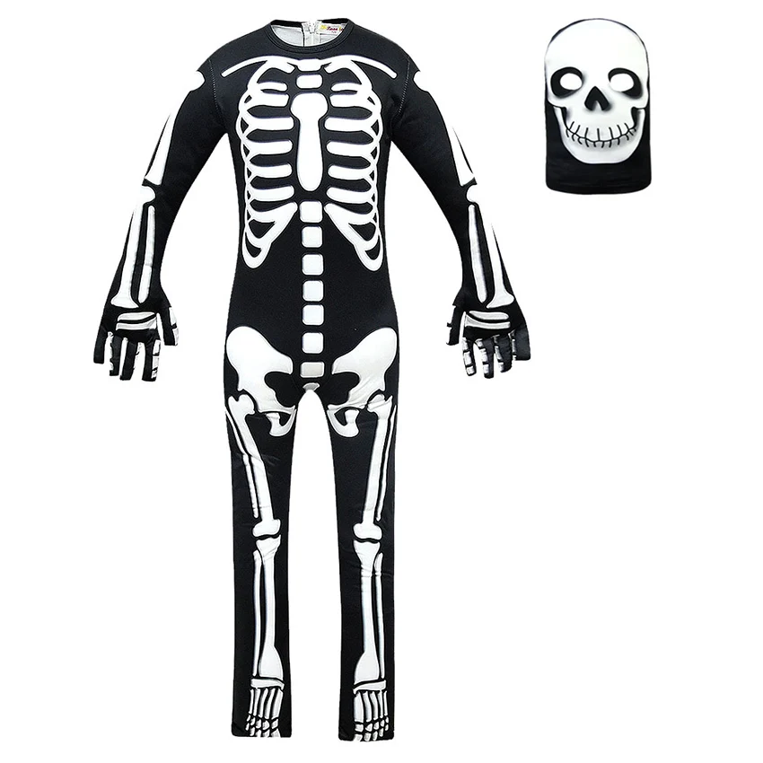 Scary Skull Trooper Cosplay Anime Jumpsuit Zombie Zentai Ghost Skeleton Halloween Costume Kid Disguise Dress Carnival Masquerade